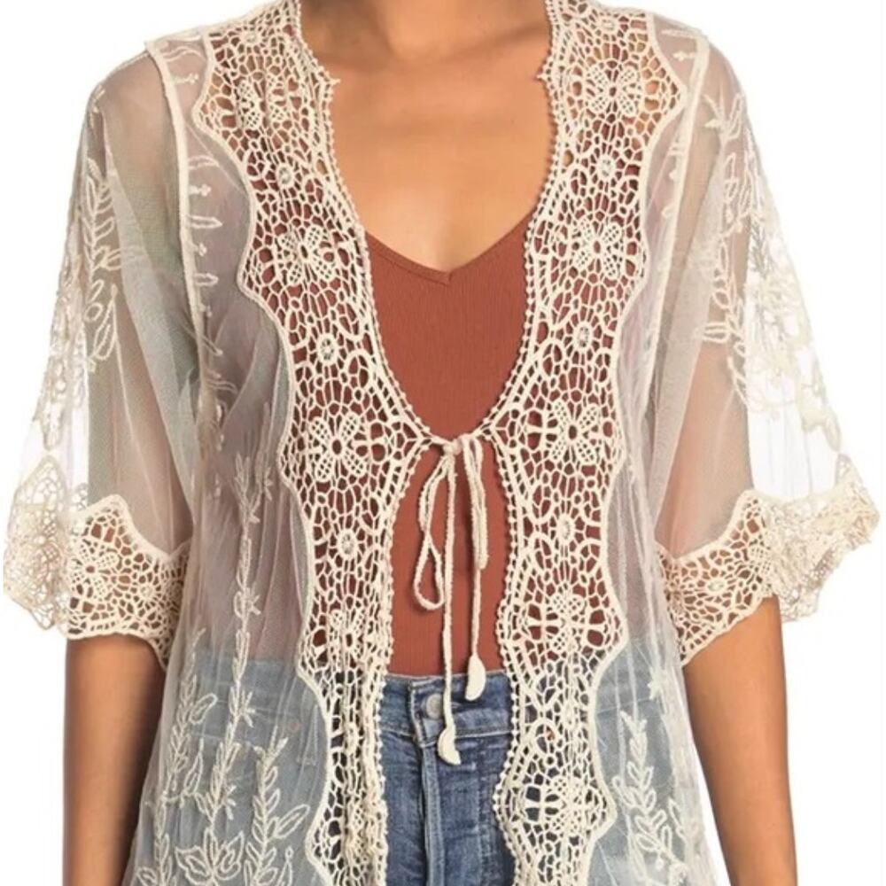 LIV LOS ANGELES Size Large Cream Crochet Trim Tie Front Kimono Cardigan